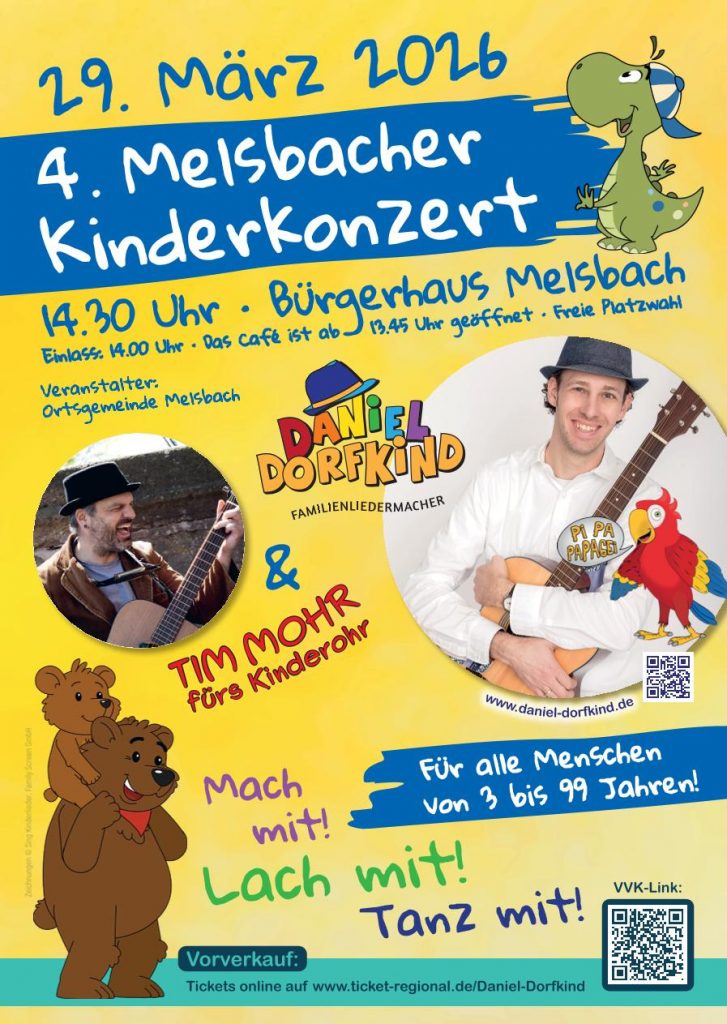 4. Melsbacher Kinderkonzert am 29.03.2026 mit Daniel Dorfkind und Tim Mohr, Details und Event-Partner